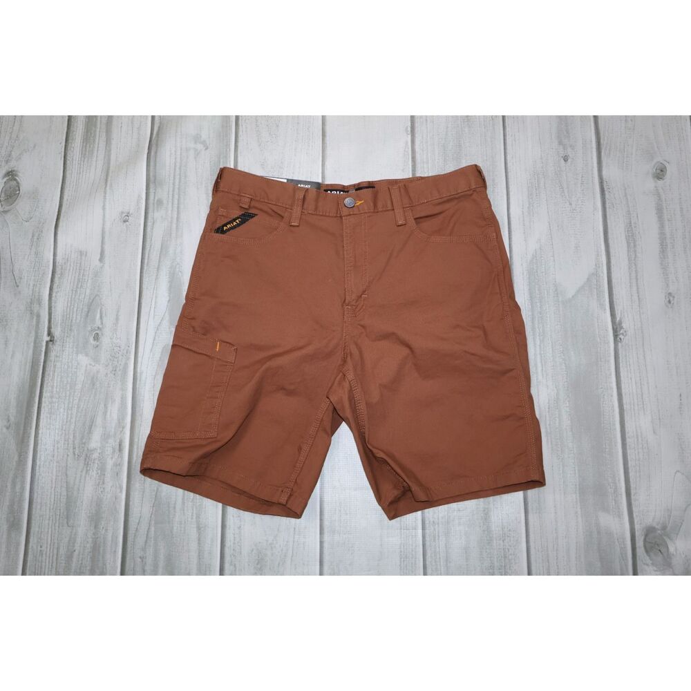 NEW Ariat Men's Rebar DuraStretch Made Tough Rust Brown Canvas Shorts Sz 34 Logo